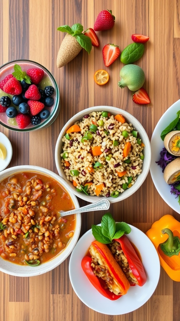 An assortment of healthy vegan dishes including a smoothie bowl, quinoa salad, lentil soup, and stuffed bell peppers.